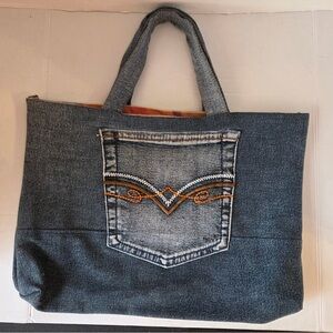 Handmade Jean Denim Shoulder Tote Purse Y2K Style Plaid Lining